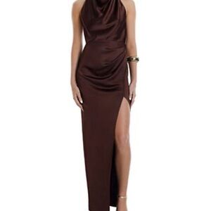 BCBGMaxAzria One-Shoulder Brown Satin Maxi Dress with High Slit